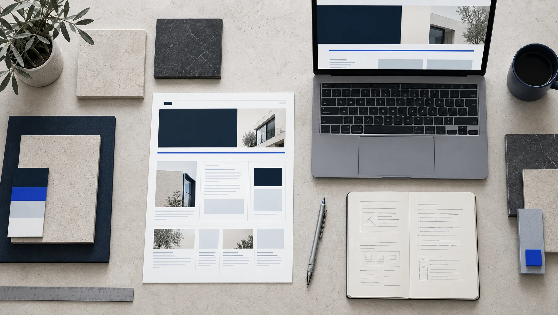 Website design working table with architectural materials and a precise page grid